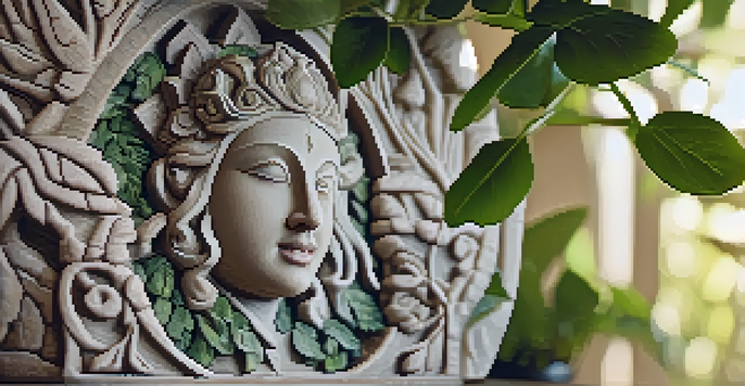 A close-up of a detailed stone carving showcasing a mythological scene, illuminated by warm sunlight in a green natural setting.