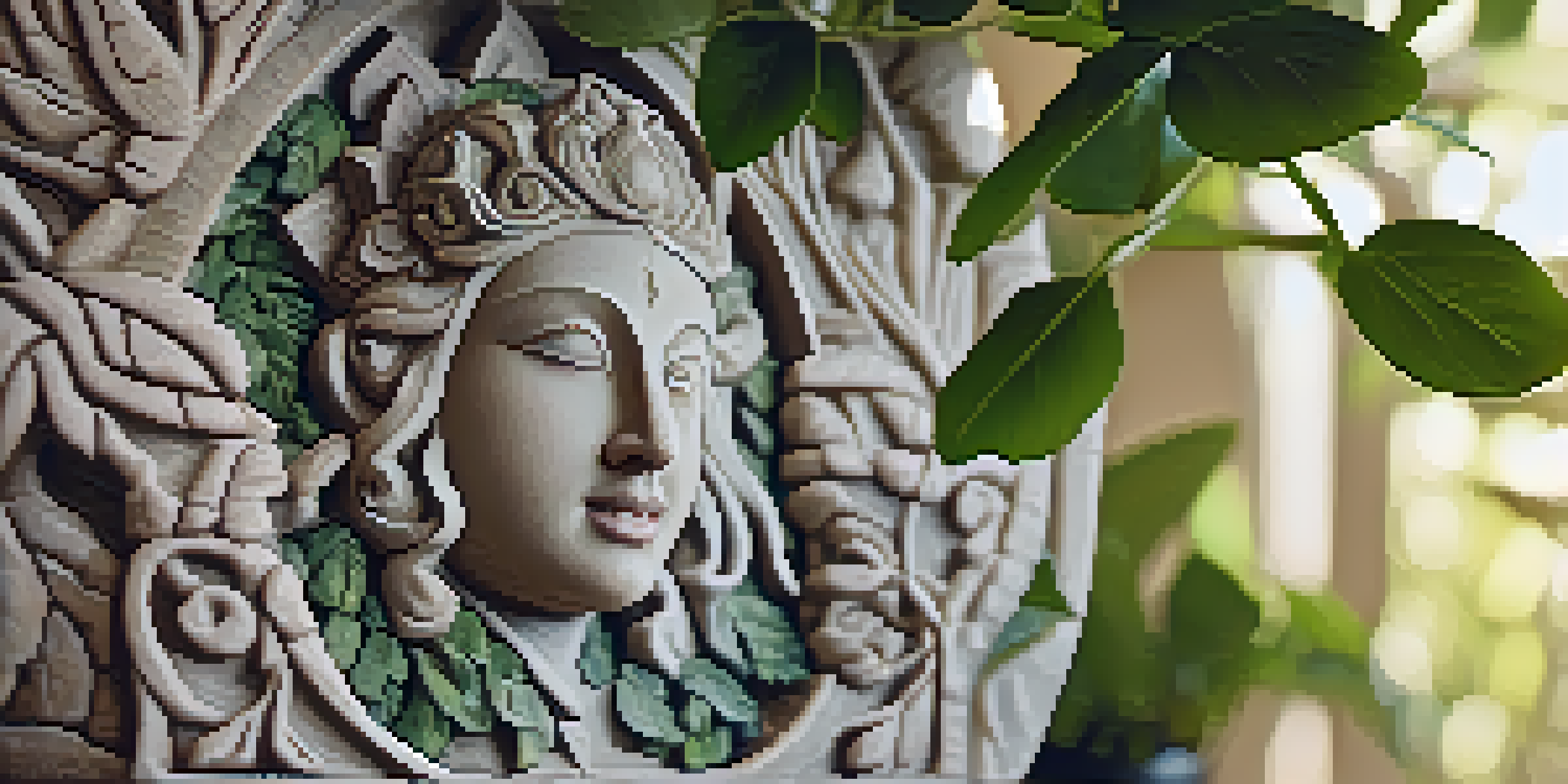 A close-up of a detailed stone carving showcasing a mythological scene, illuminated by warm sunlight in a green natural setting.