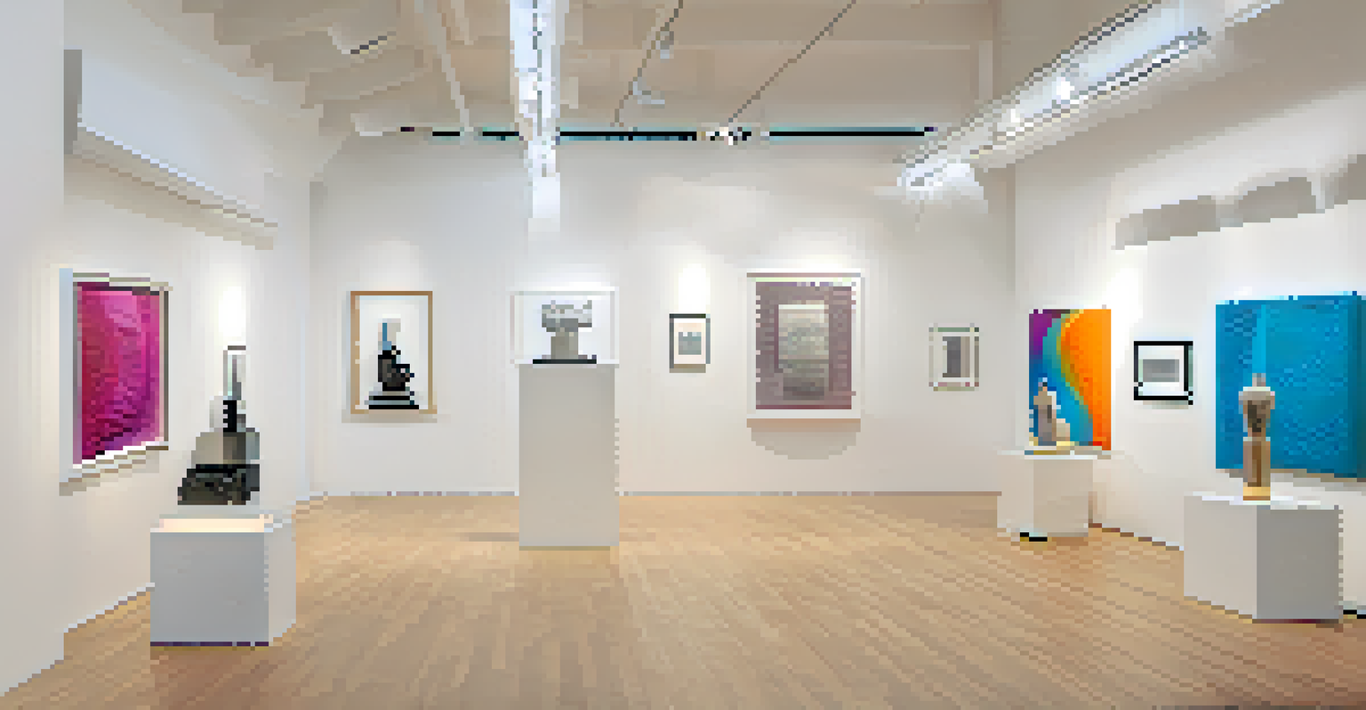 A modern exhibition space displaying a variety of 3D printed artworks, with spotlights illuminating the unique designs and textures.