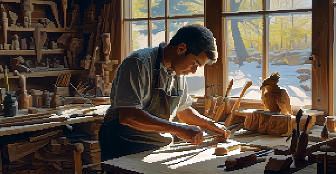 A beginner animal carver working in a workshop with carving tools and wooden eagle.