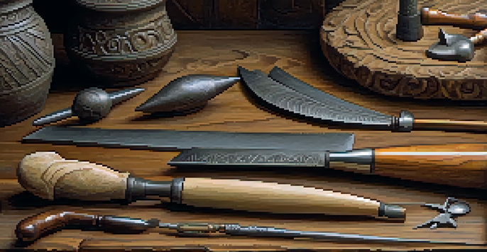 A detailed view of ancient carving tools made from stone and metal on a wooden table, showcasing their textures and wear.