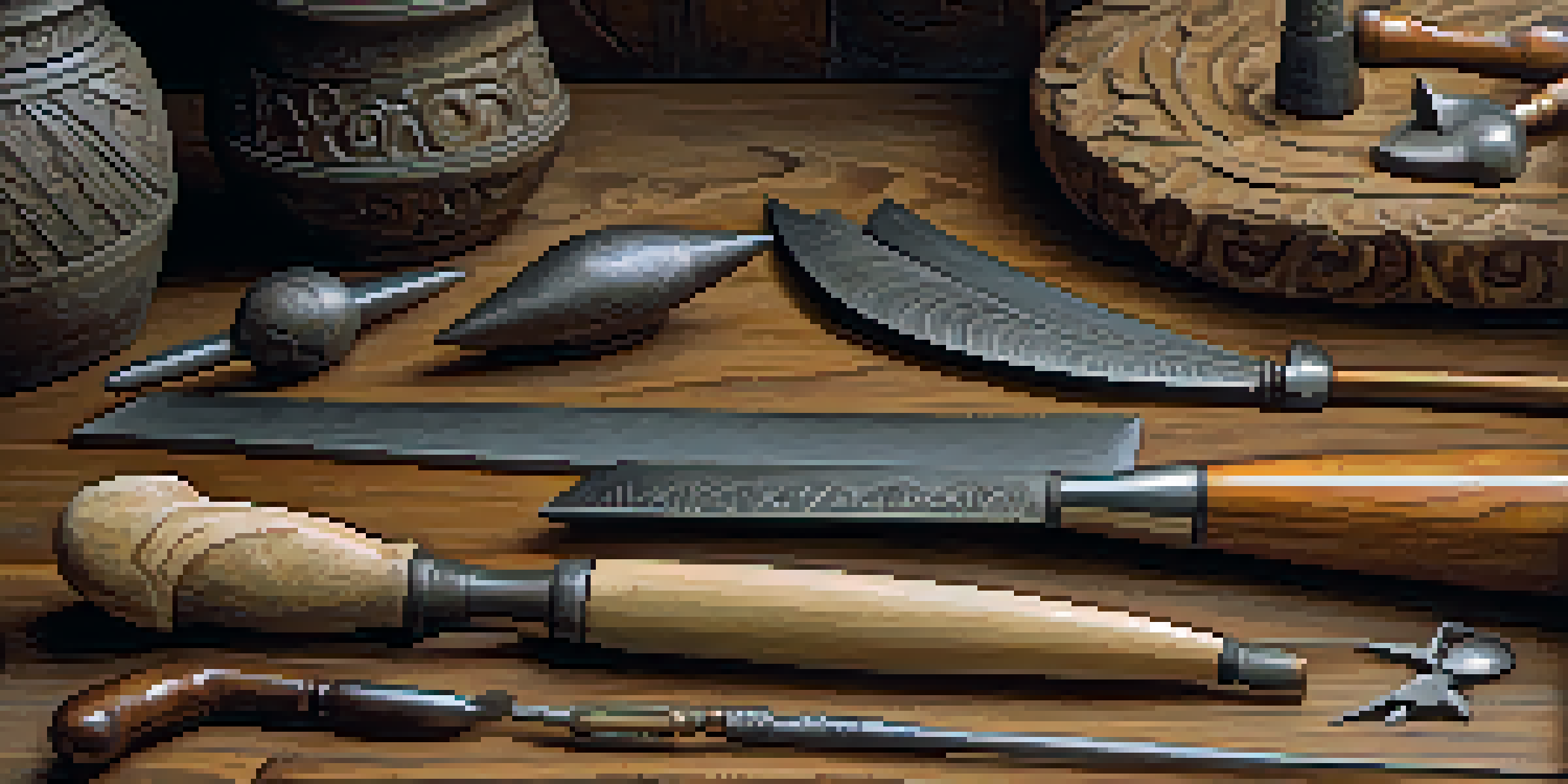 A detailed view of ancient carving tools made from stone and metal on a wooden table, showcasing their textures and wear.