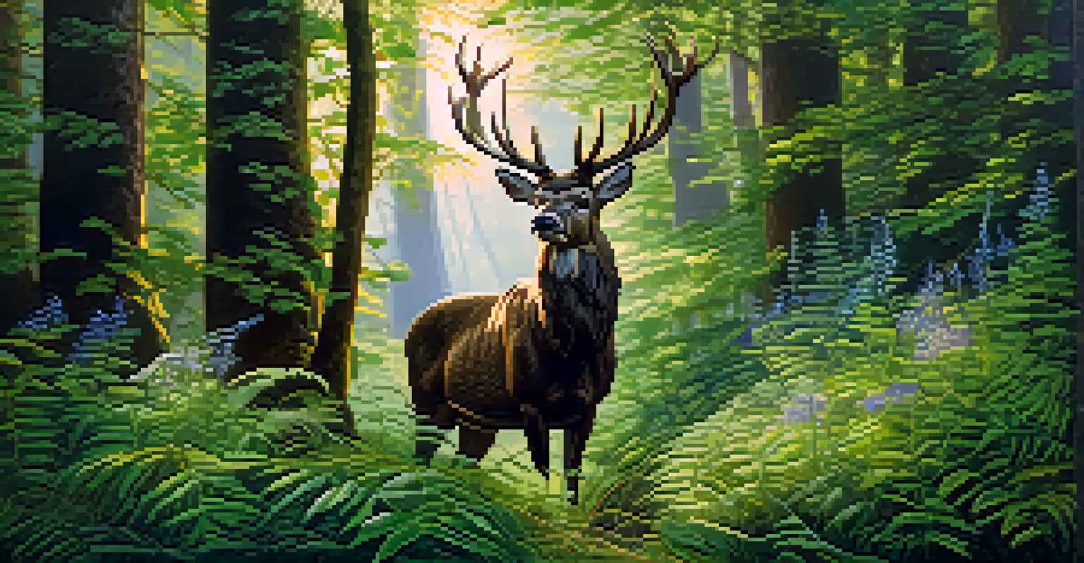 A stone carving of a stag in a lush woodland setting with sunlight filtering through the leaves.