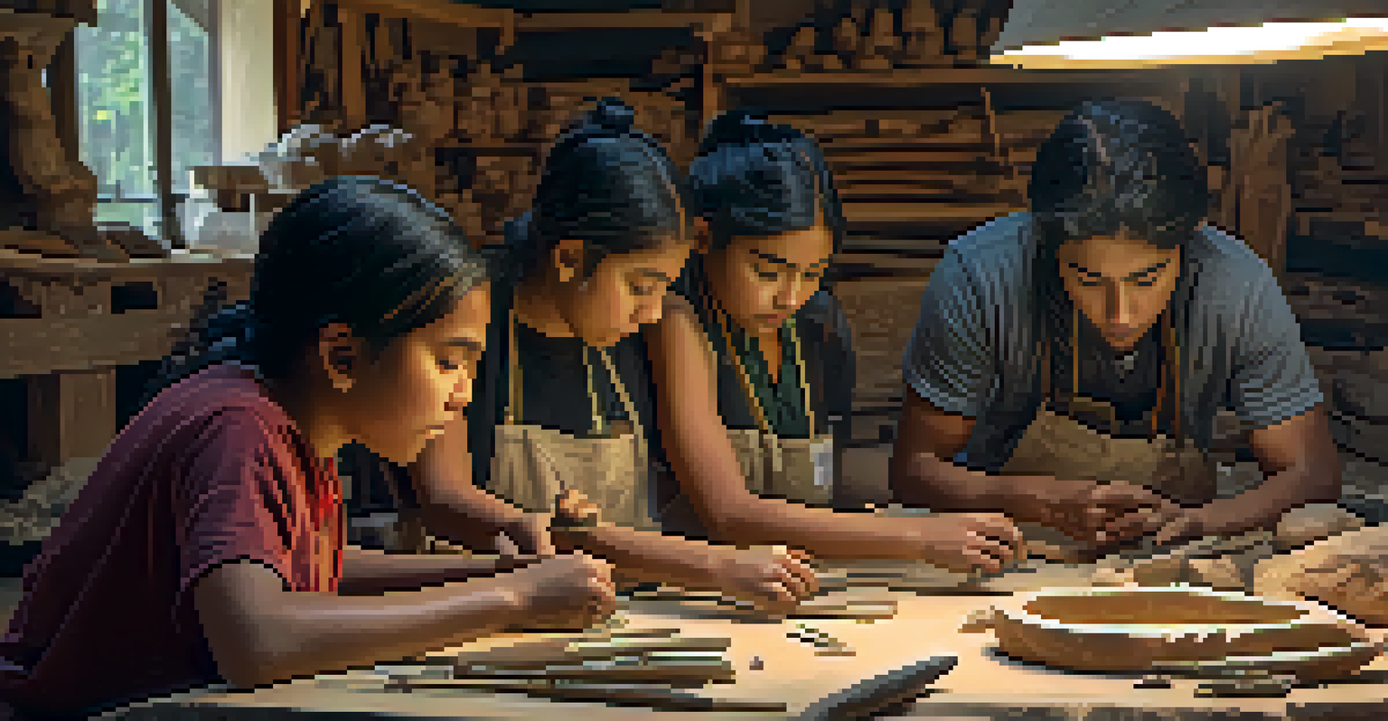Young Indigenous artists participating in a carving workshop, learning from a mentor amidst tools and carvings, with natural light illuminating the scene.
