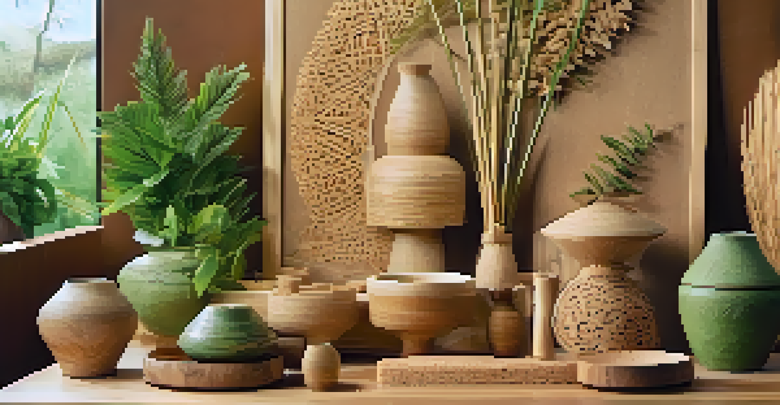 An artistic arrangement of eco-friendly carving materials like bamboo and cork on a wooden table.