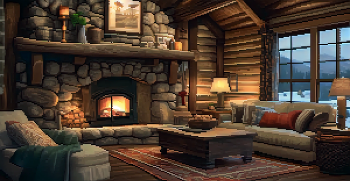 Interior of a rustic cabin with wooden beams, stone fireplace, and soft textiles, illuminated by warm ambient light.