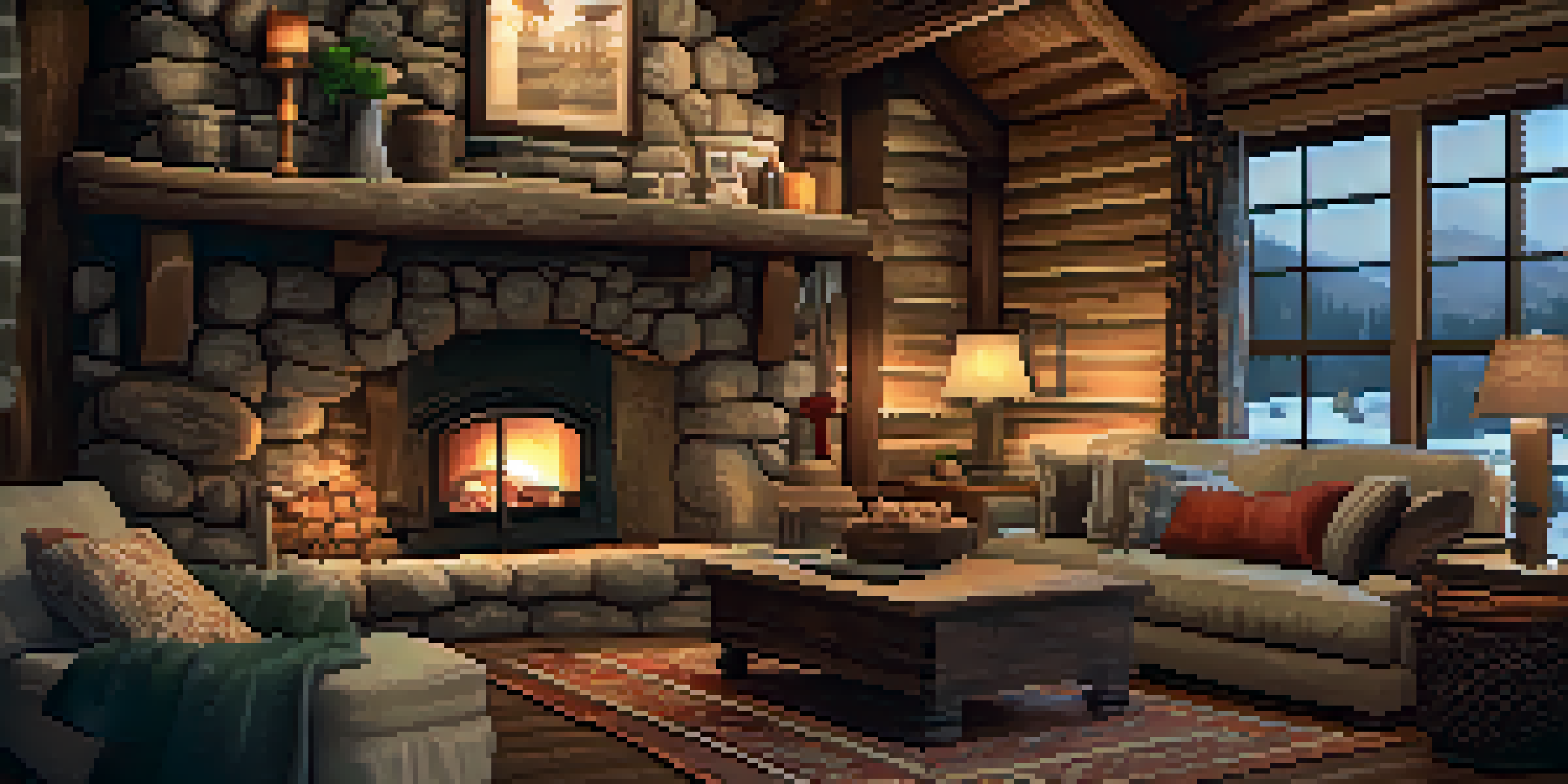 Interior of a rustic cabin with wooden beams, stone fireplace, and soft textiles, illuminated by warm ambient light.