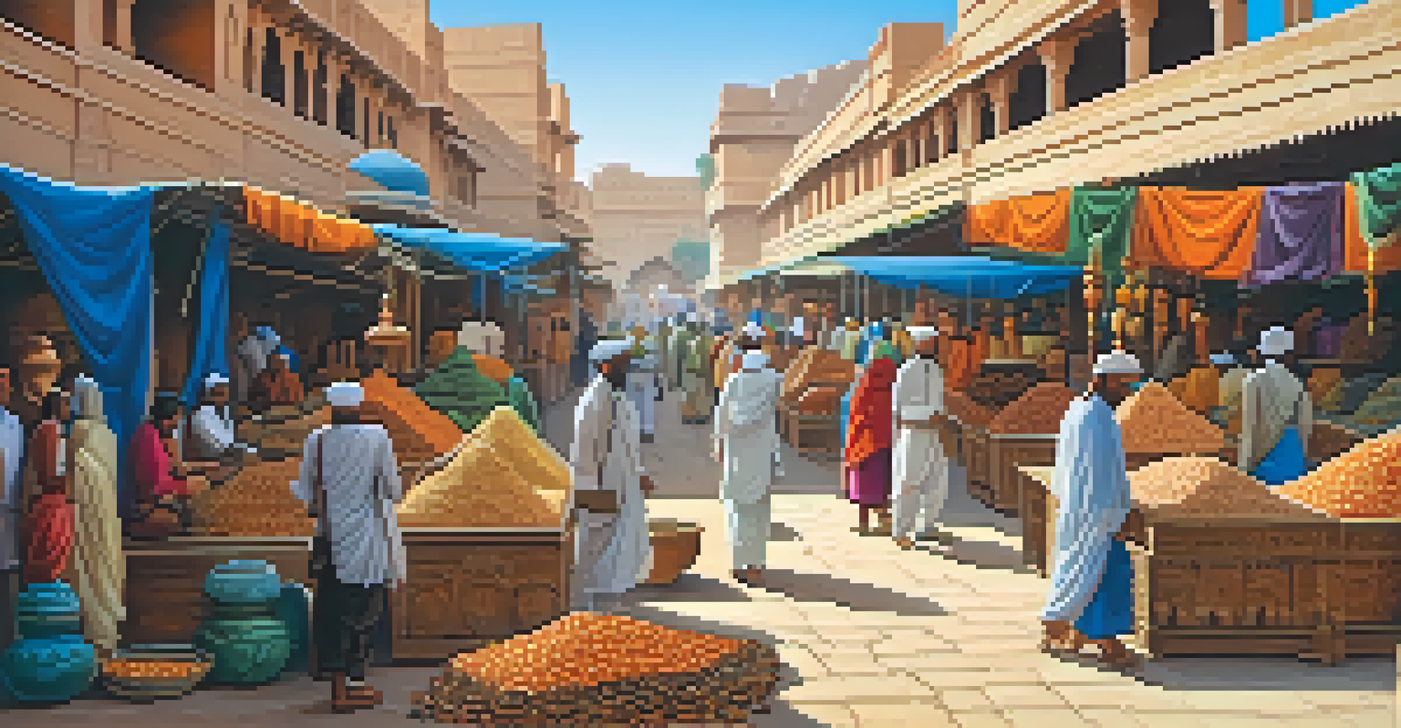 Artisans in a market displaying stone carvings with traditional architecture in the background.