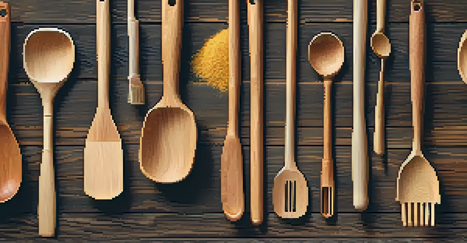 A collection of finished wooden kitchen utensils on a rustic table, showcasing unique designs and grain patterns.