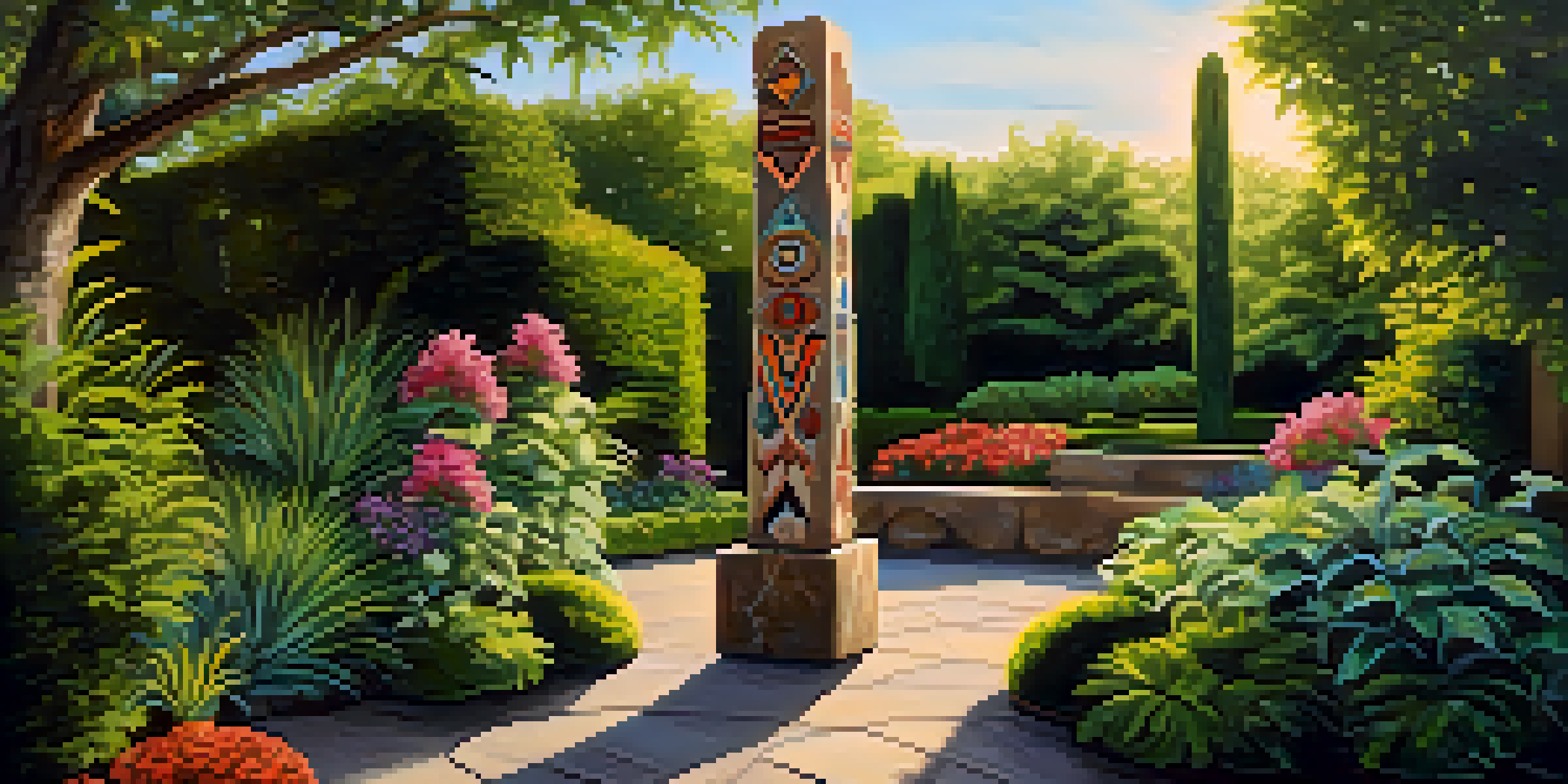 A carved stone totem pole surrounded by greenery and colorful flowers in a tranquil garden setting.