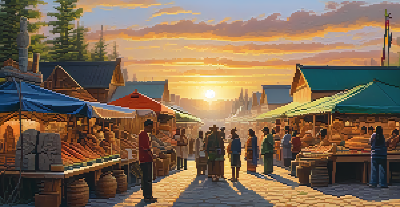 An outdoor market with Indigenous artisans displaying their stone carvings, with visitors admiring the artwork under the warm glow of the setting sun.