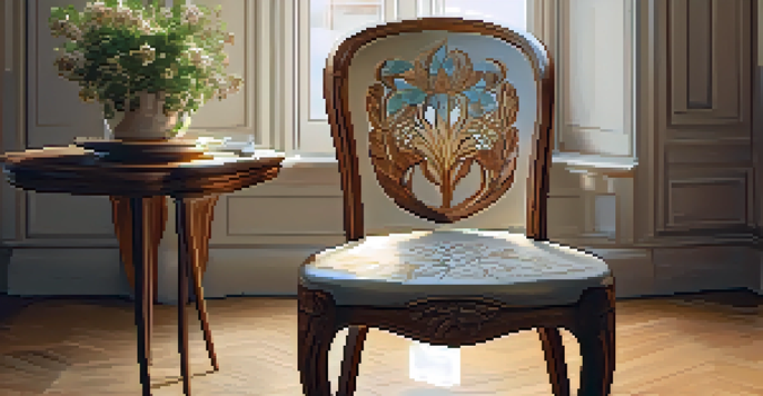 A carved wooden chair with floral designs in a sunlit room, showcasing intricate details and organic shapes.