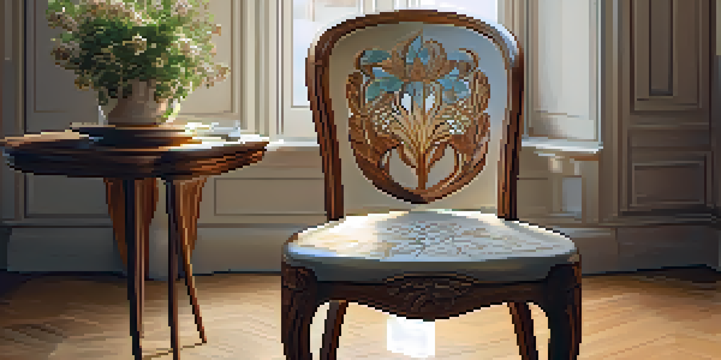 A carved wooden chair with floral designs in a sunlit room, showcasing intricate details and organic shapes.