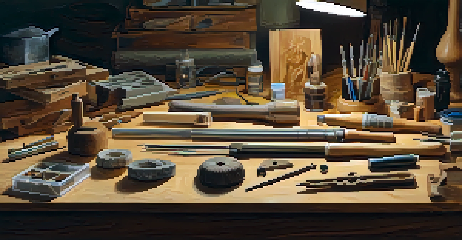 An artist's workspace showing various power carving tools and a partially carved wooden sculpture on a wooden table, under soft lighting.
