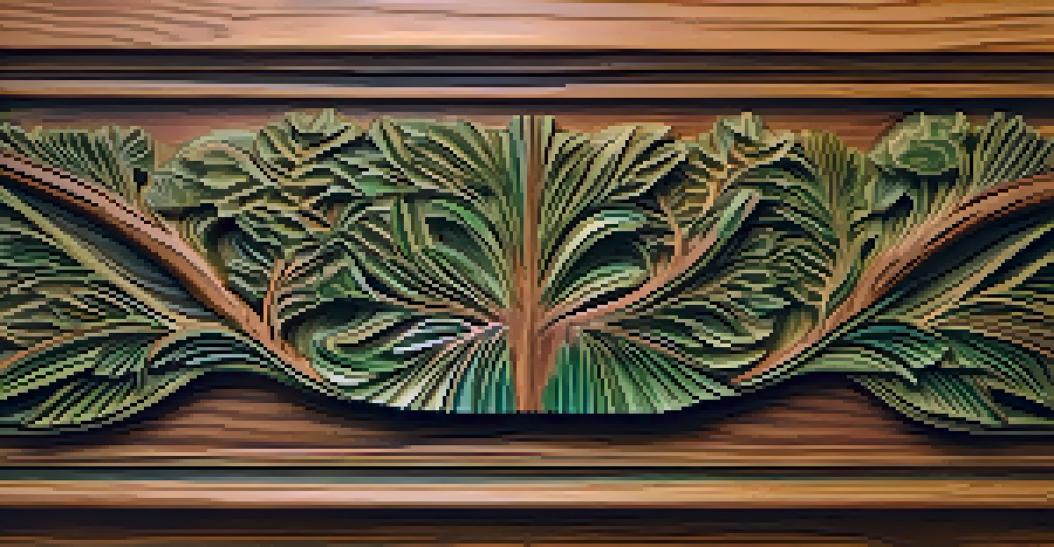 An intricate carving made from upcycled wood, showcasing detailed textures and warm lighting.