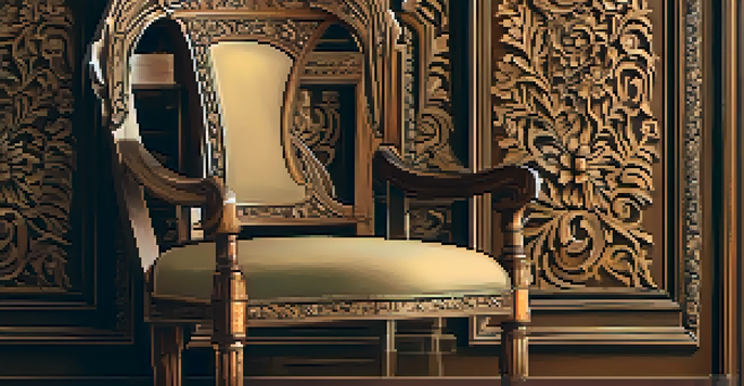 Close-up of an antique wooden chair with detailed floral carvings, warm lighting highlighting the wood texture.