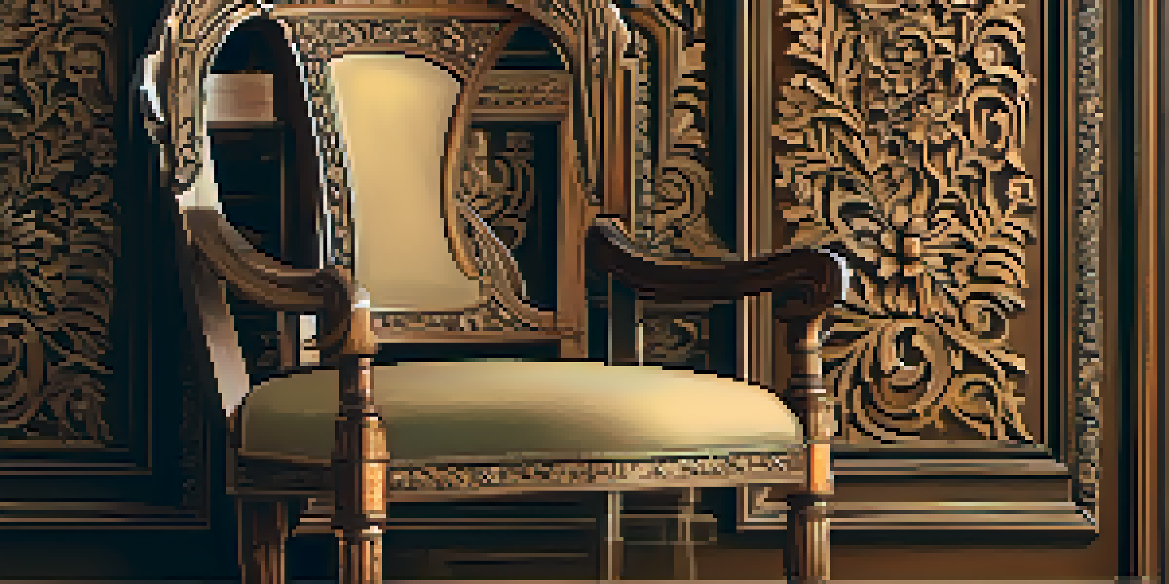 Close-up of an antique wooden chair with detailed floral carvings, warm lighting highlighting the wood texture.
