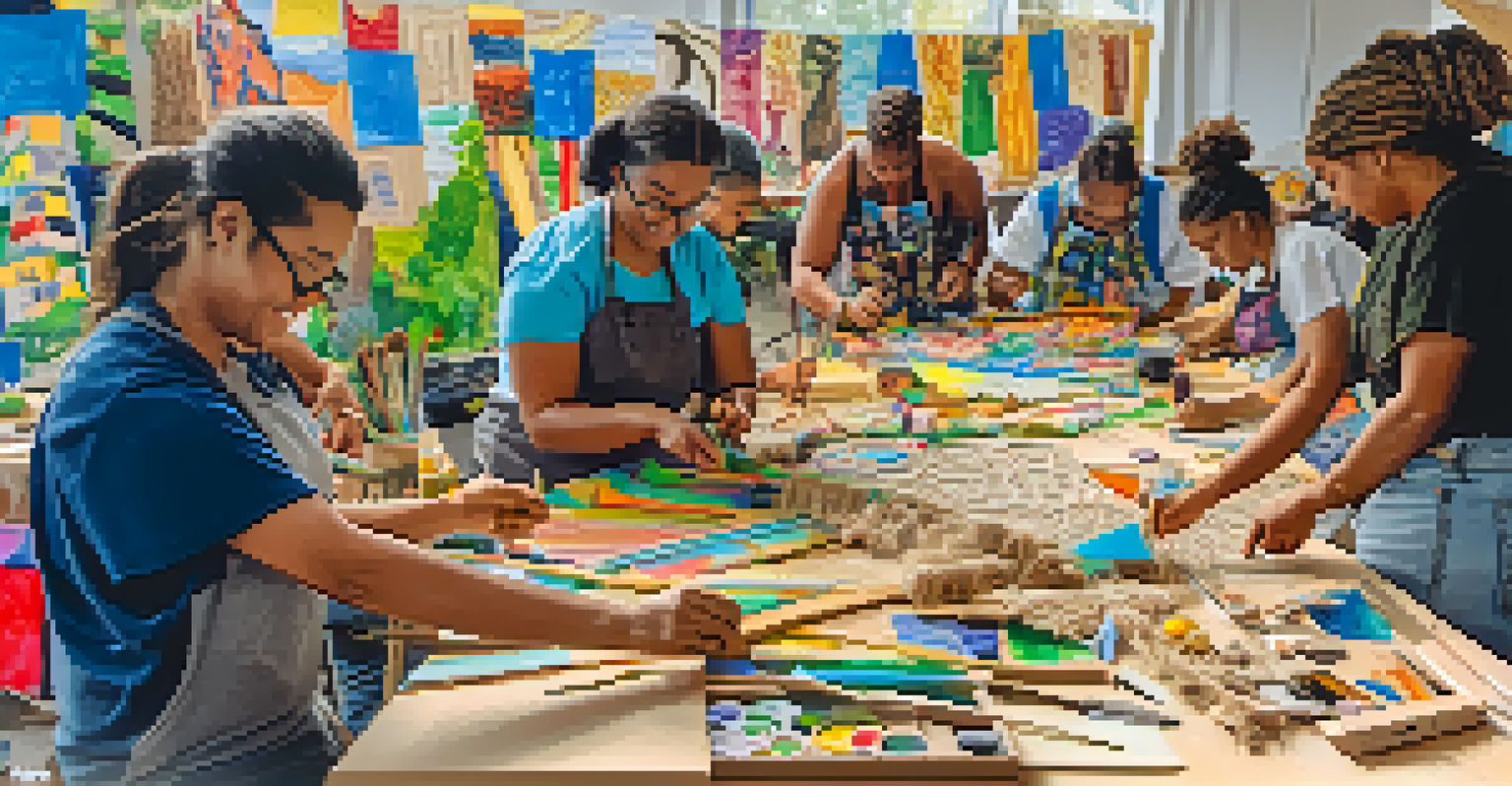 A lively community workshop featuring people using eco-friendly carving tools to create art from recycled materials, with colorful projects and sustainability banners.