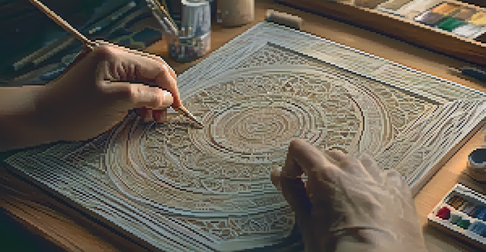 An artisan's hands carving wood with digital tools nearby, showcasing the blend of traditional craftsmanship and technology.