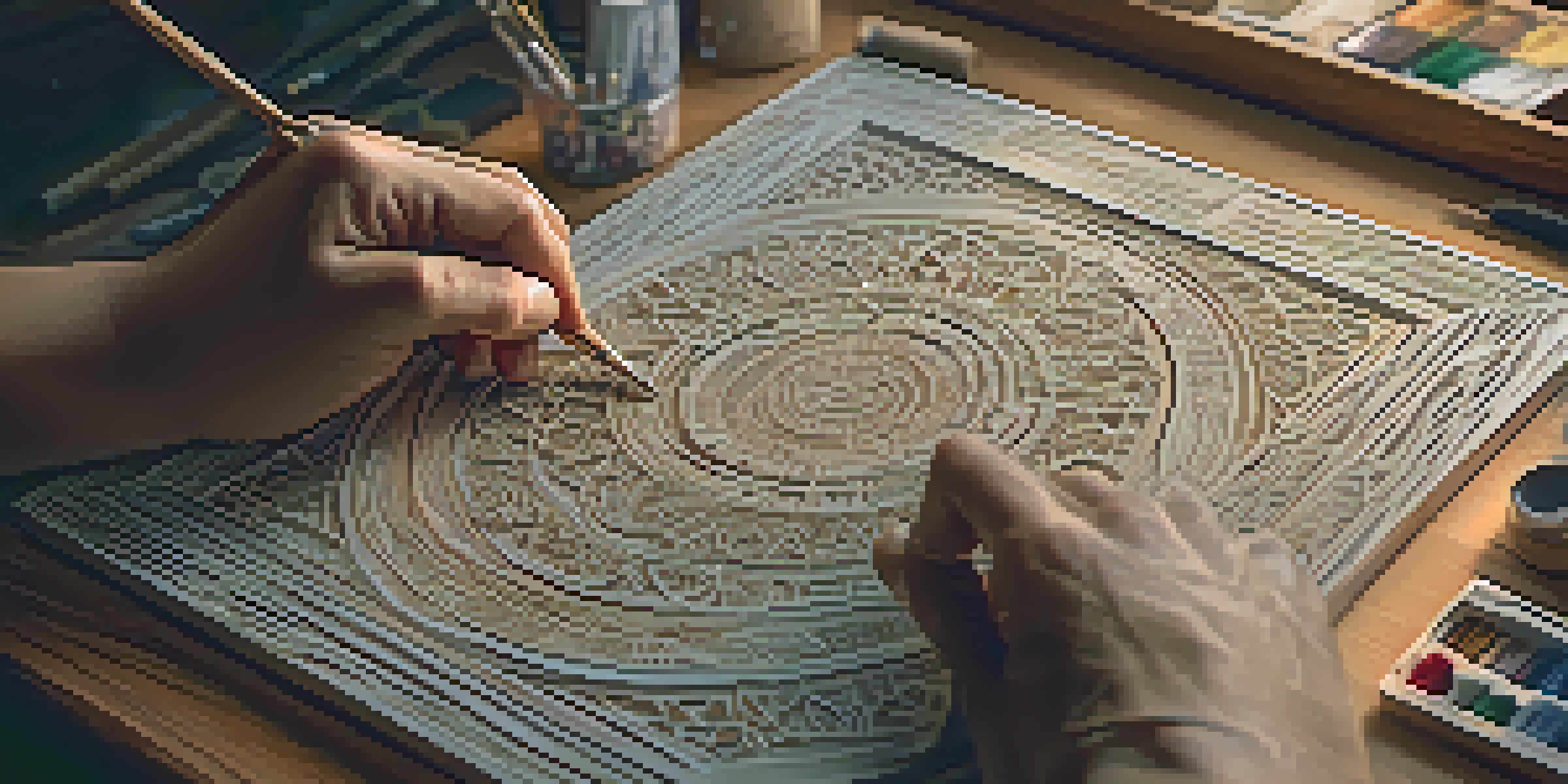 An artisan's hands carving wood with digital tools nearby, showcasing the blend of traditional craftsmanship and technology.