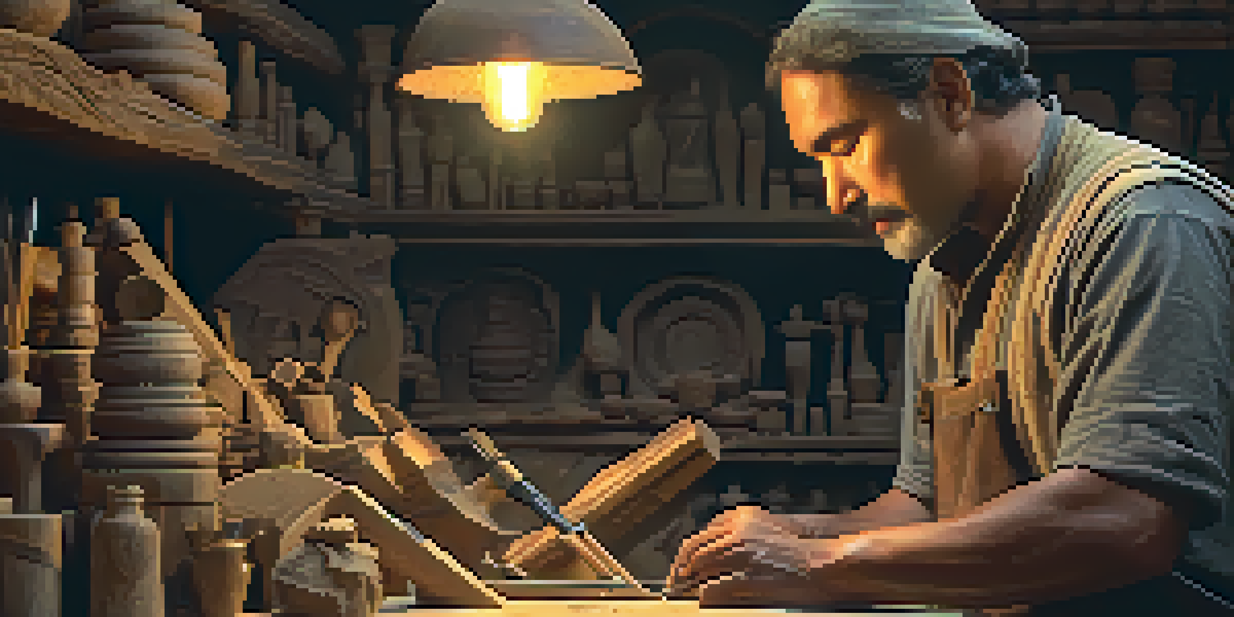 An artisan carving stone in a workshop, with tools and ancient artifacts around.