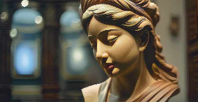 A detailed wooden sculpture in a softly lit gallery, emphasizing its intricate craftsmanship and textures.