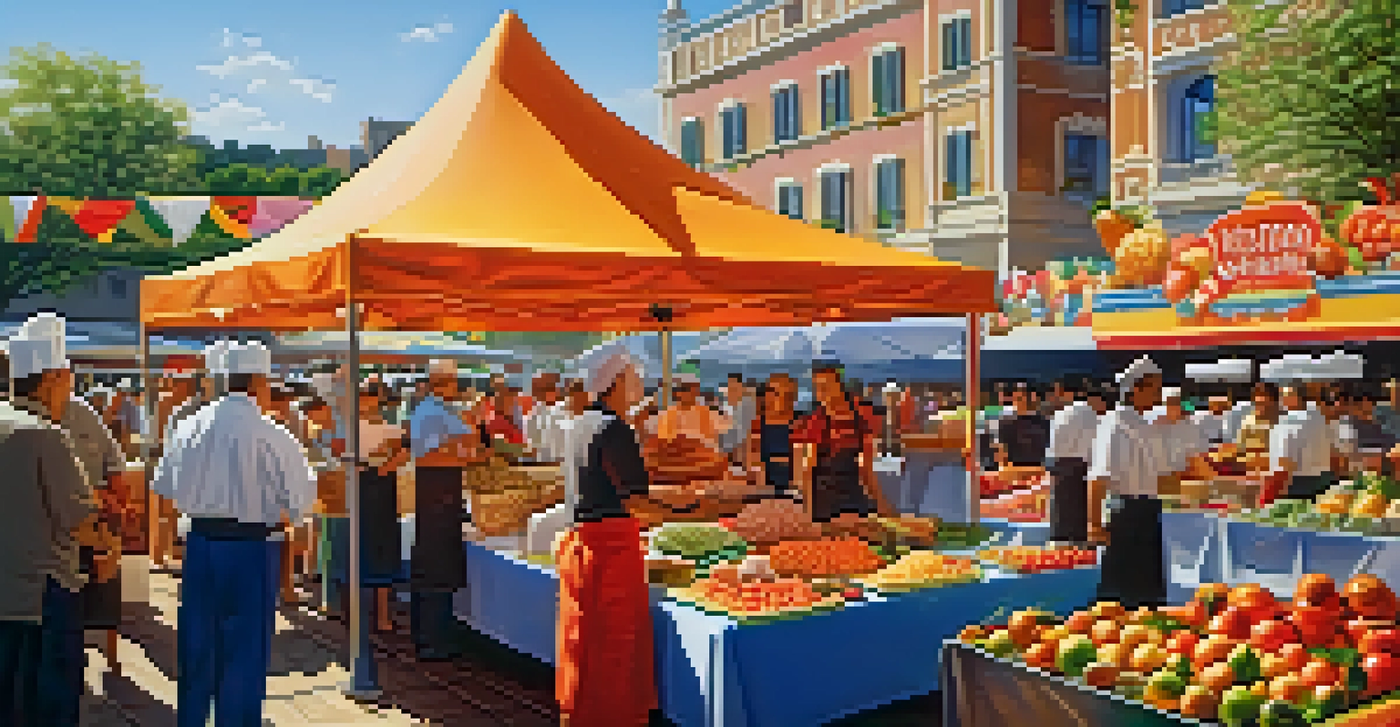 A lively outdoor festival with chefs demonstrating food carving skills and vibrant displays of carved fruits and vegetables.
