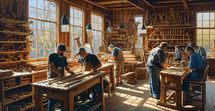 A woodworking workshop with diverse artists carving wooden sculptures in warm sunlight, surrounded by tools and artworks.