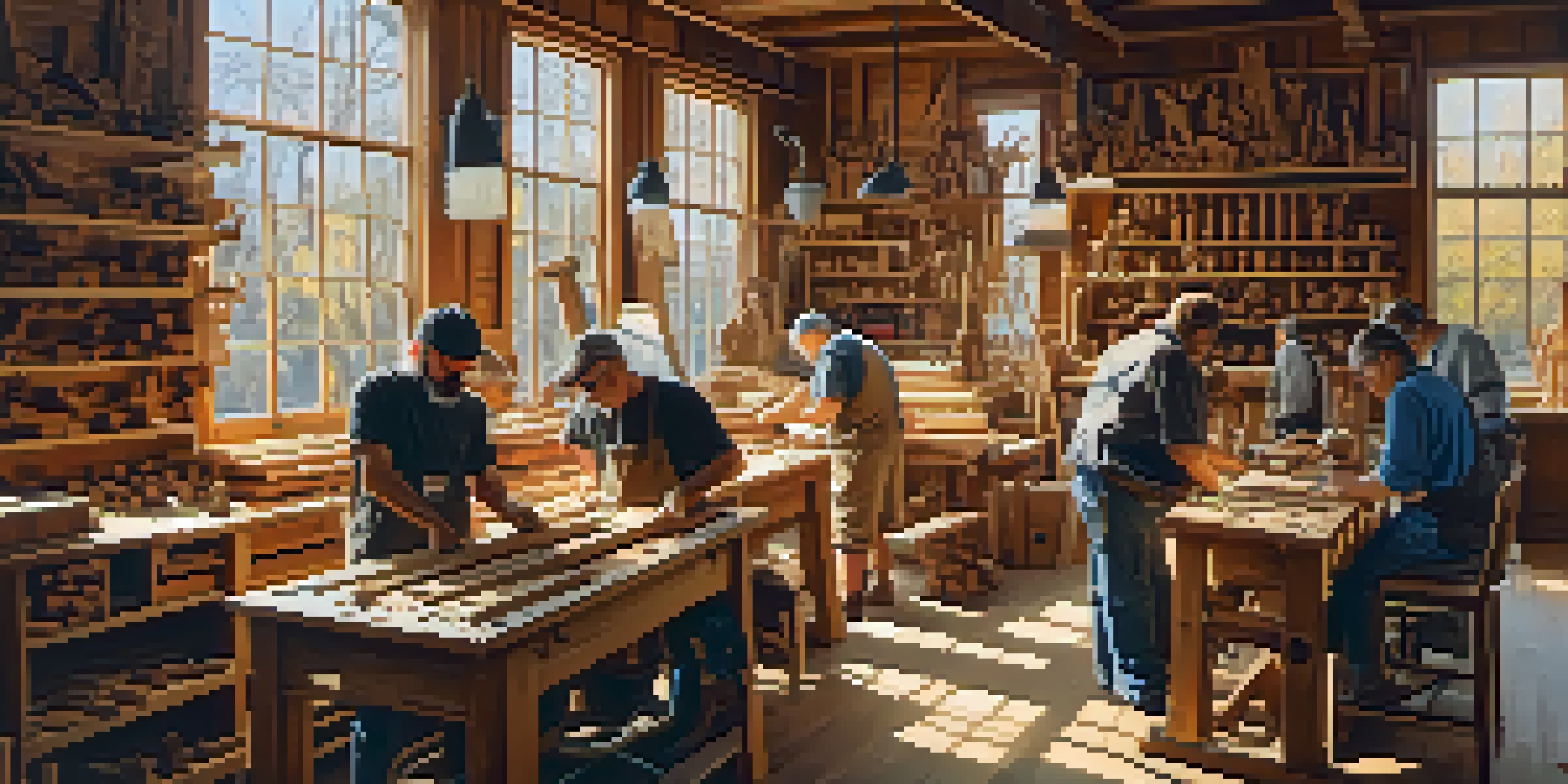 A woodworking workshop with diverse artists carving wooden sculptures in warm sunlight, surrounded by tools and artworks.