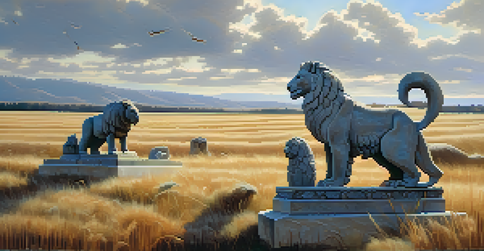 A beautiful landscape featuring carved stone sculptures of animals in a field, under soft sunlight.