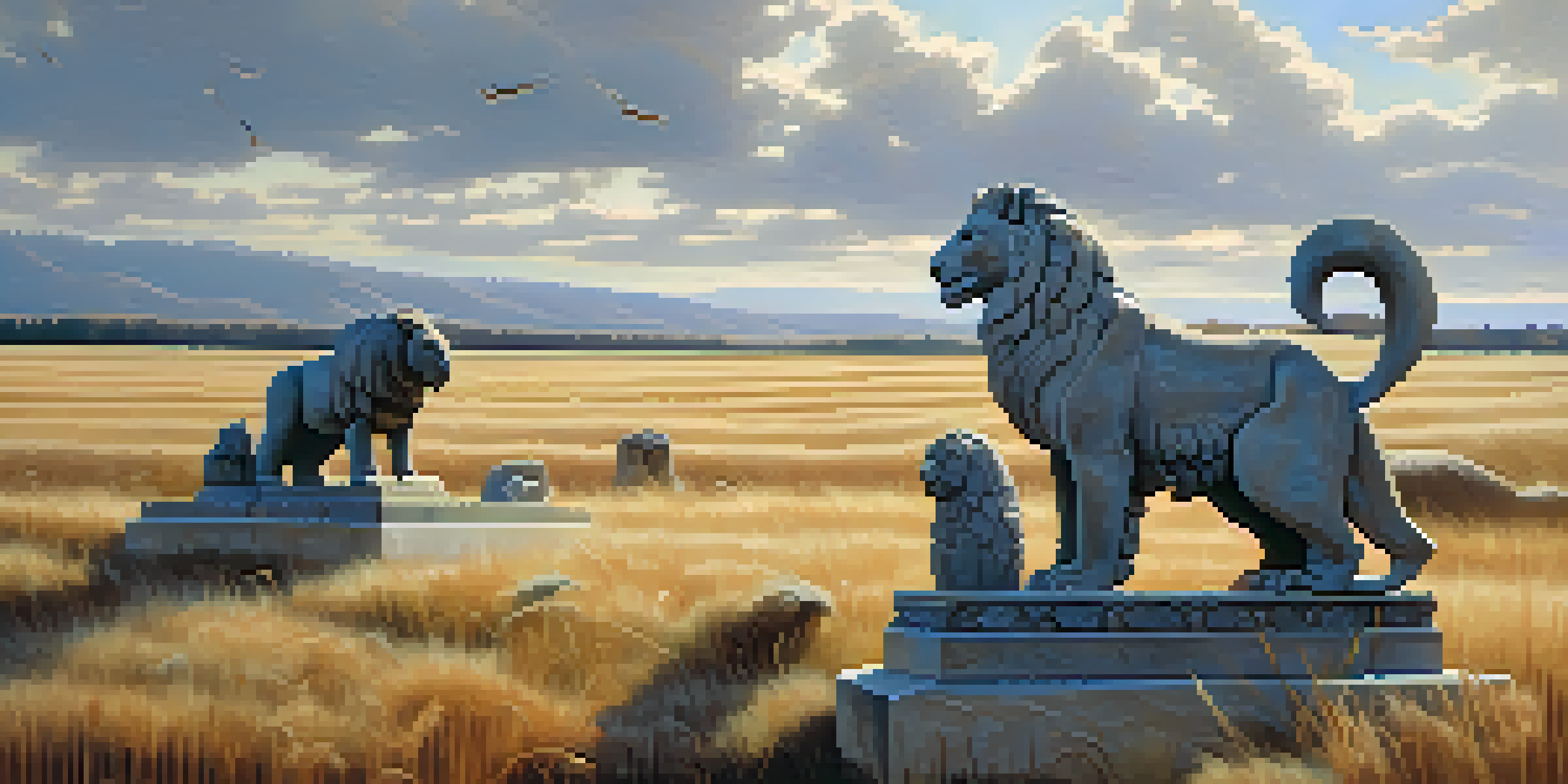 A beautiful landscape featuring carved stone sculptures of animals in a field, under soft sunlight.