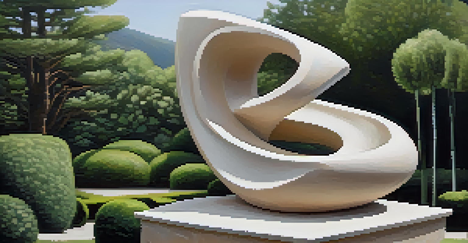 A close-up of an abstract carved stone sculpture showcasing transformation, set against a blurred garden background.