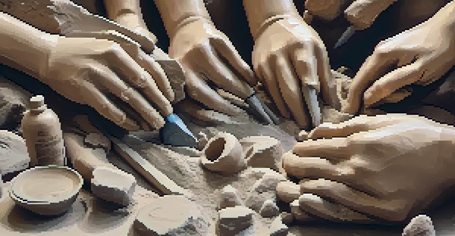 Close-up of hands from different generations shaping clay together, with tools and materials in the background.