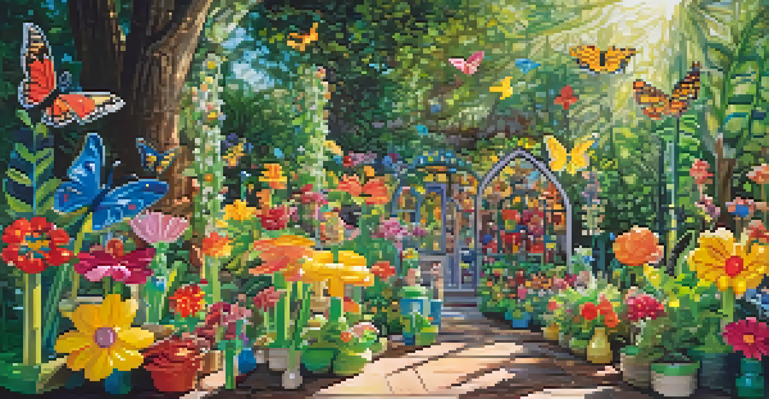 A playful garden adorned with art made from recycled plastic bottles, including flowers and butterflies, surrounded by greenery and bright sunlight.