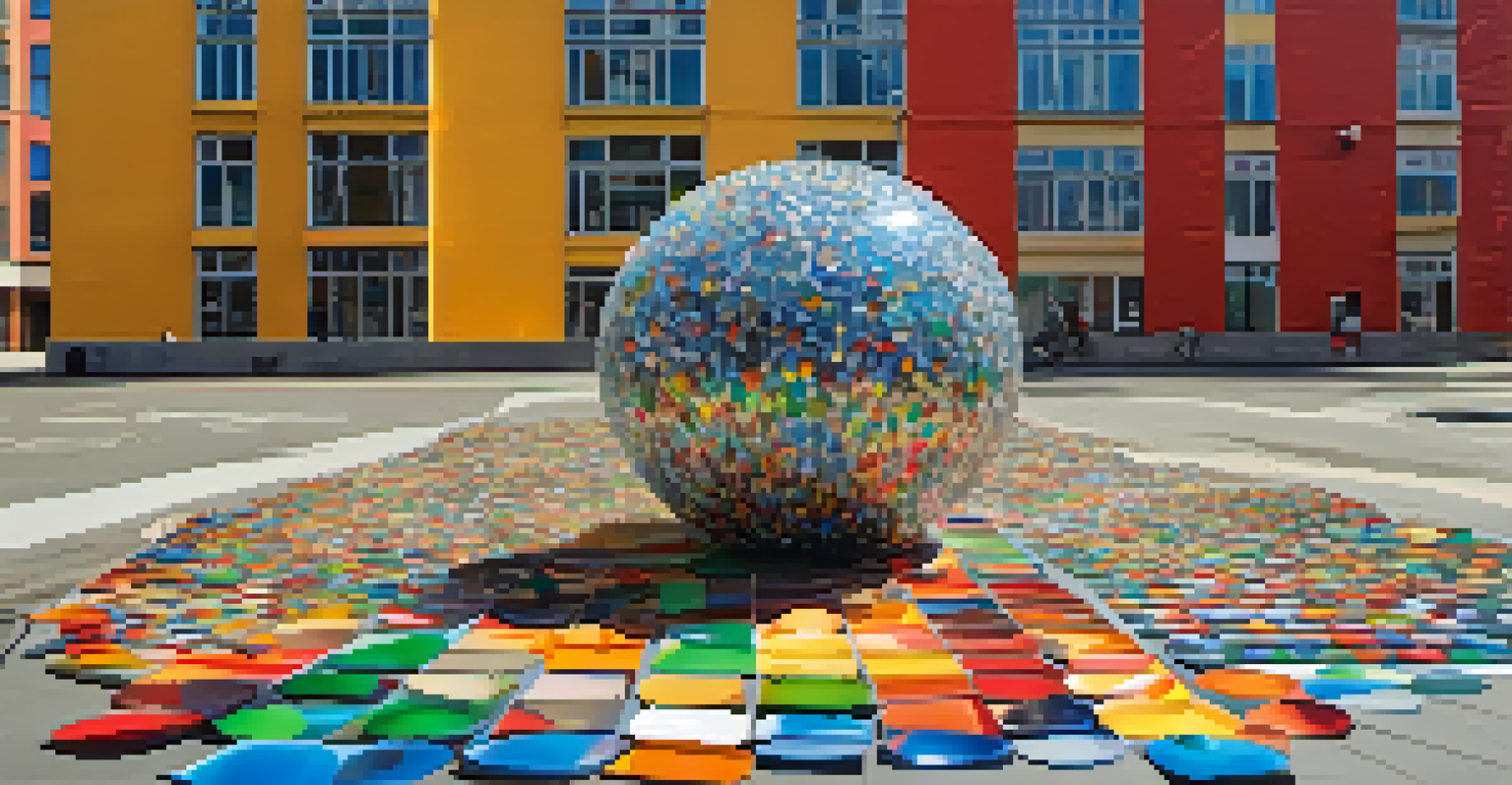 An artistic installation composed of discarded plastic bottles, showcasing colorful patterns in an urban setting with a cityscape background.