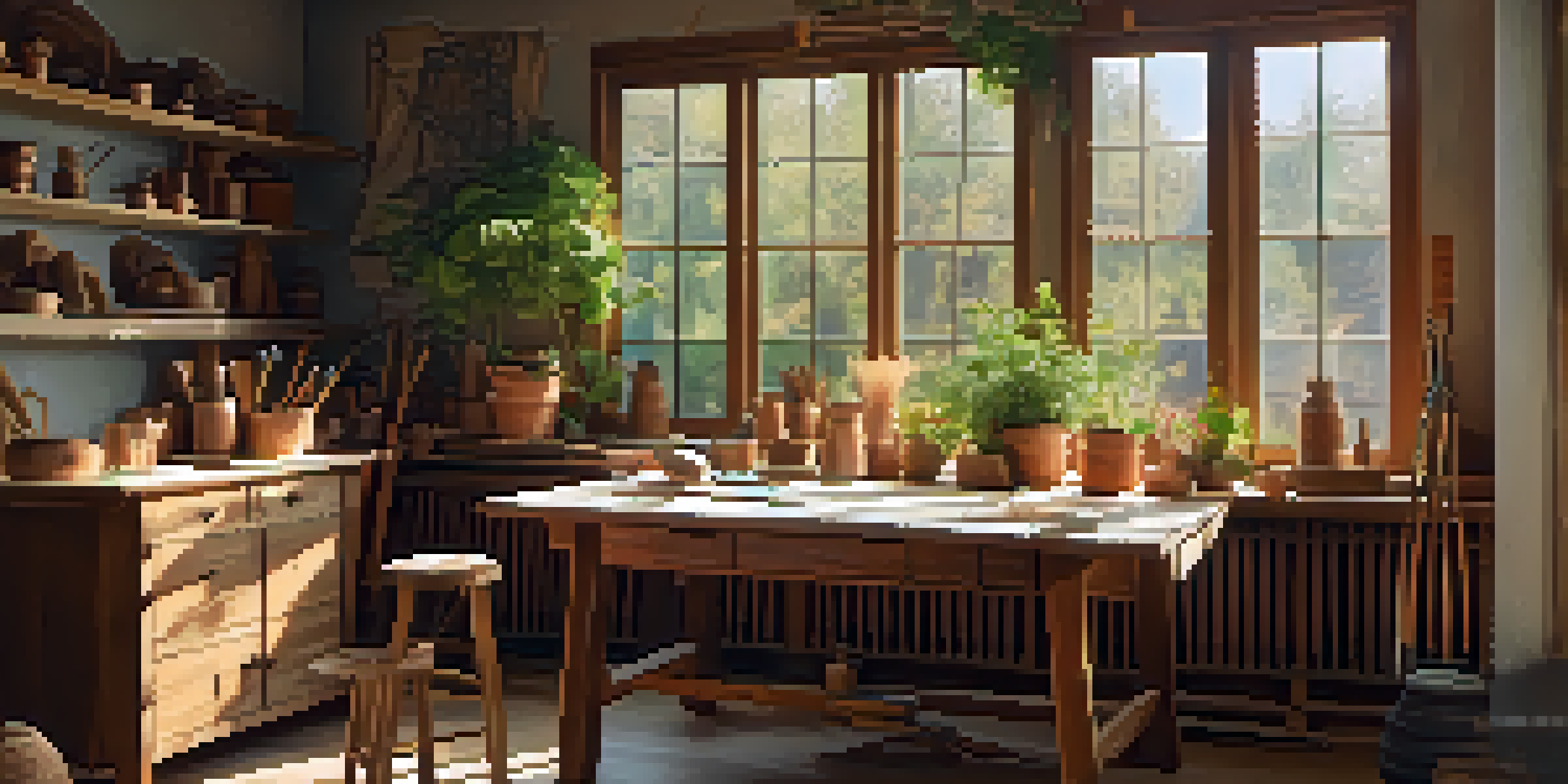 A tranquil workshop environment with a wooden table, carving tools, and natural light, promoting a peaceful atmosphere for creativity.