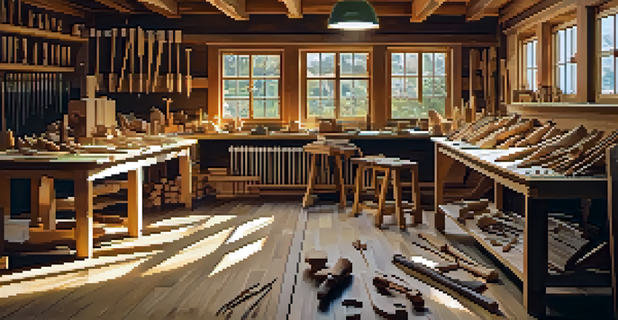 A wood carving workshop with sunlight, showcasing a craftsman carving basswood, surrounded by various wood types and tools.