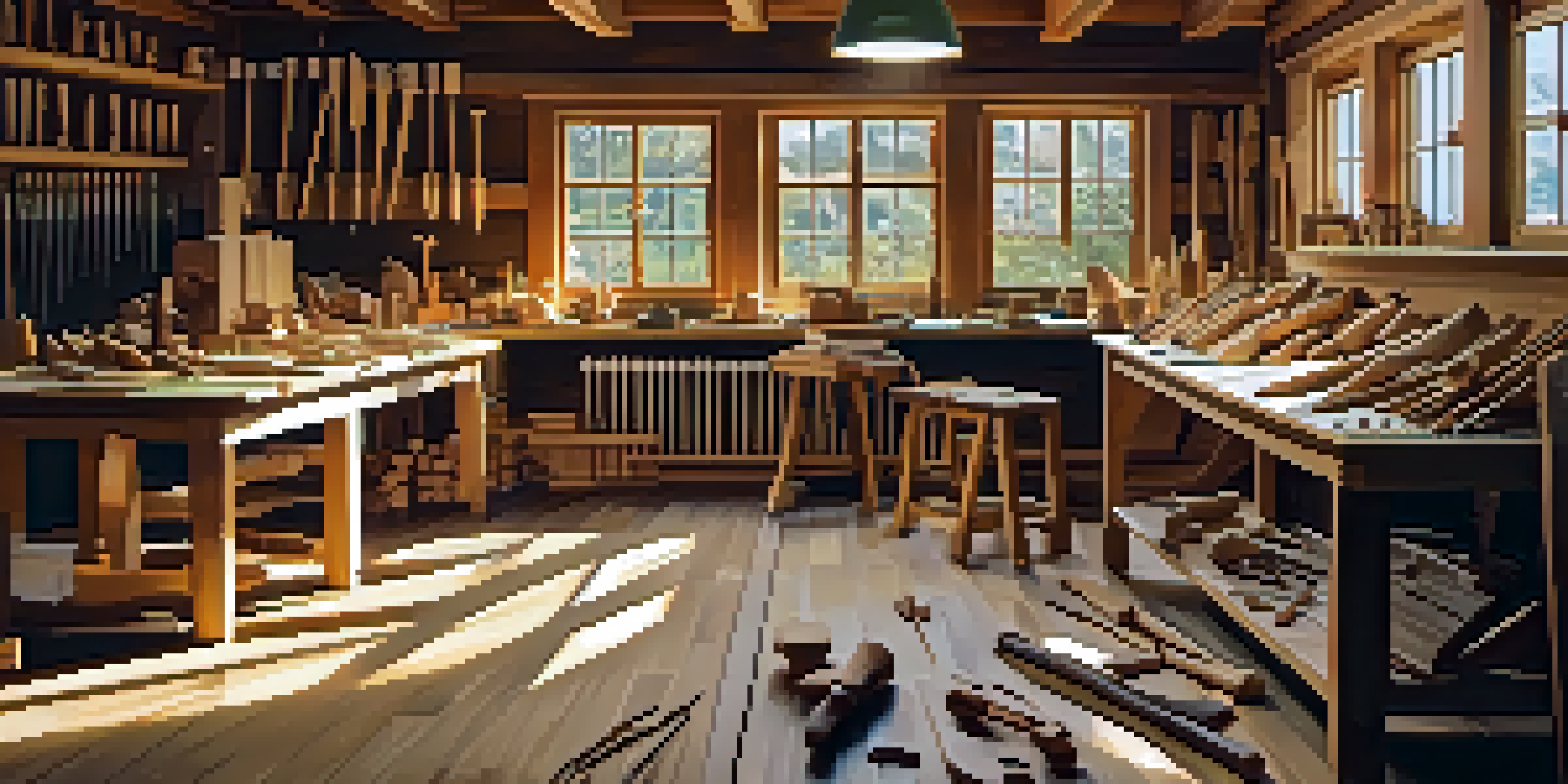 A wood carving workshop with sunlight, showcasing a craftsman carving basswood, surrounded by various wood types and tools.
