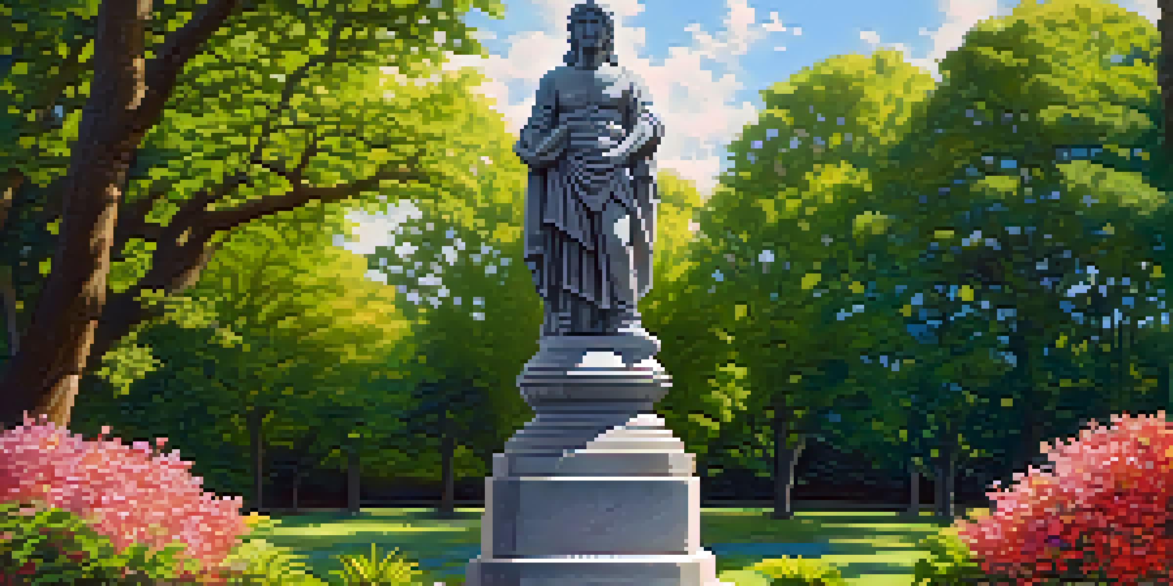 A large granite statue in a green park, illuminated by sunlight with flowers in the foreground.