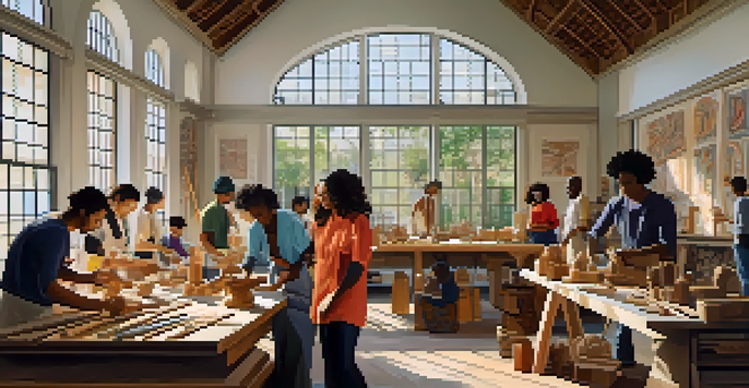 A group of artists from different cultures working together in a bright studio, surrounded by carving tools and colorful artworks.