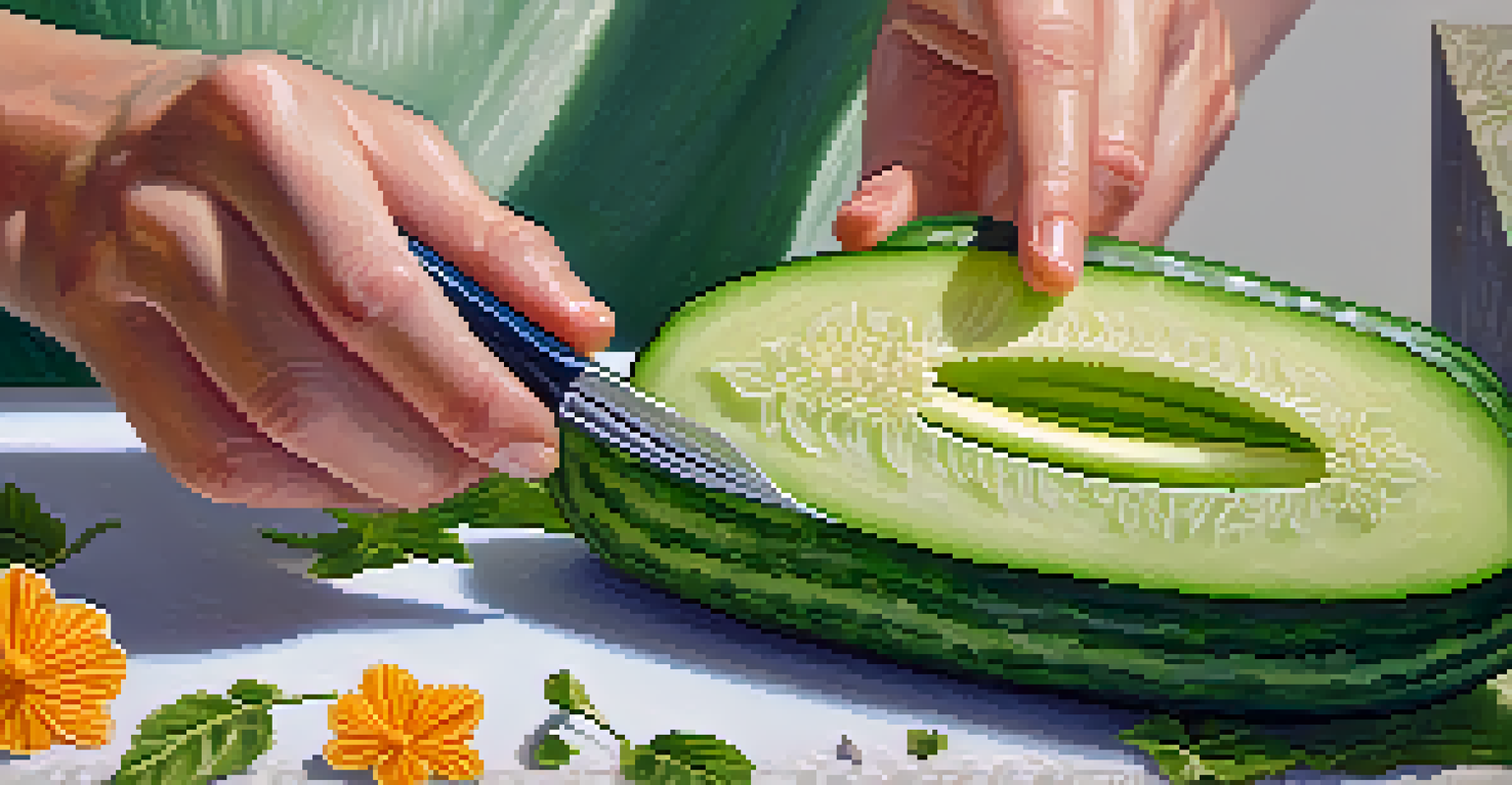Close-up of hands carving a cucumber into a flower shape, highlighting the texture and precision of the carving tools against a light background.