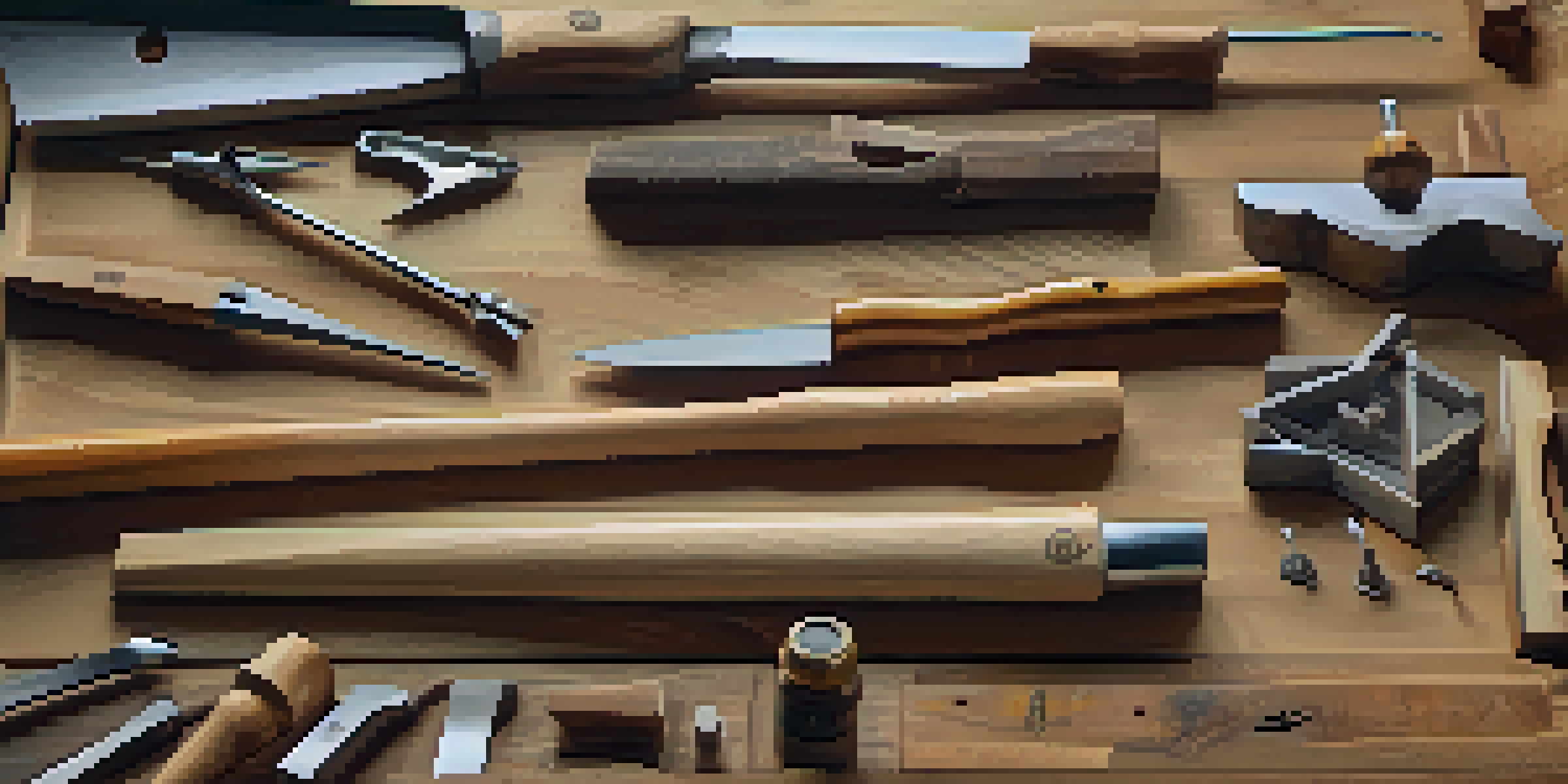 A variety of carving tools displayed on a wooden workbench, highlighting their shapes and materials.