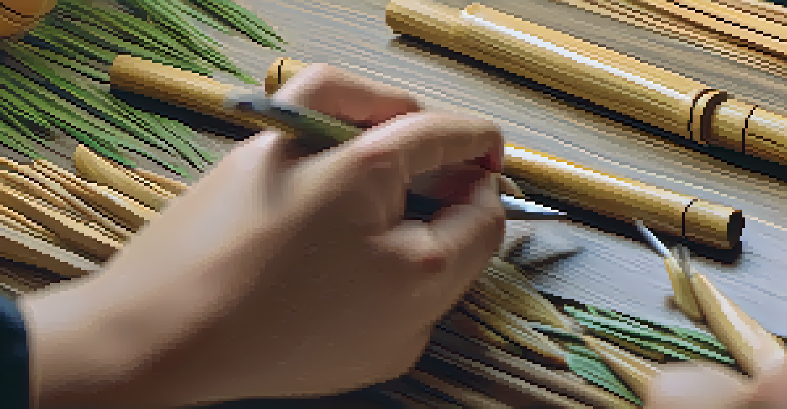 Close-up of hands carving designs into bamboo, showcasing tools and wood shavings in a natural setting.