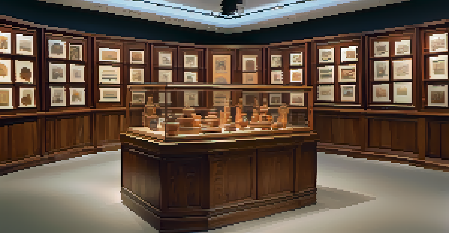 A cozy gallery showcasing carved wooden artworks in glass cases, with warm lighting and a small humidifier in the corner.
