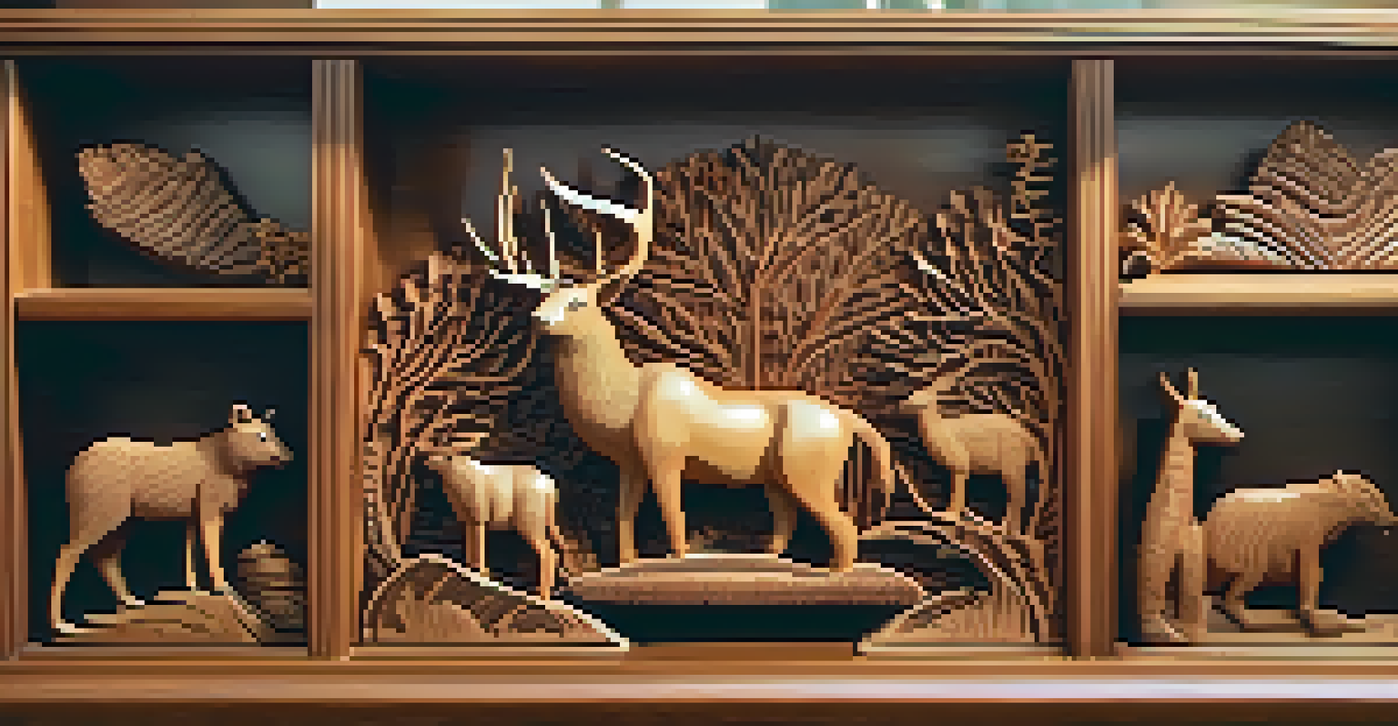 A shelf filled with handcrafted wooden carvings of animals and nature, illuminated by warm light, showcasing their textures and details.