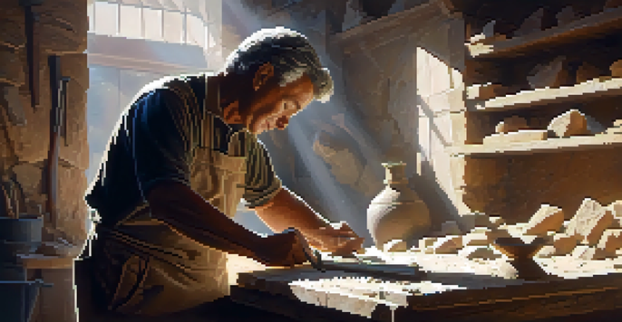A stone carver diligently working on a sculpture in a workshop filled with tools and sunlight.