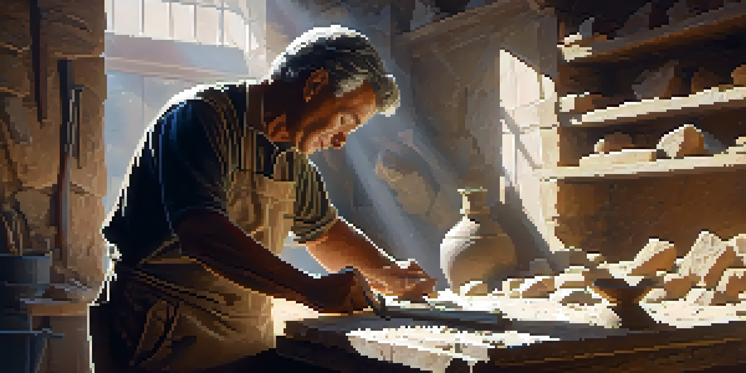 A stone carver diligently working on a sculpture in a workshop filled with tools and sunlight.