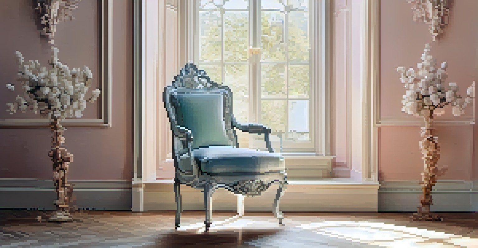 A Rococo-style chair with flowing lines and nature-inspired carvings, situated in a softly lit room with pastel-colored walls.