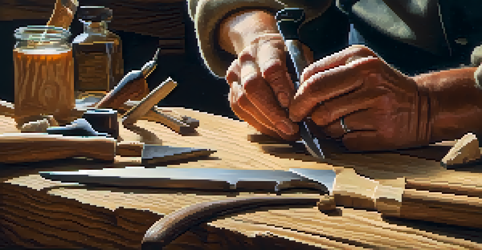 An artisan's hands whittling wood with tools, showcasing the texture of wood and shavings in a warm, natural light.