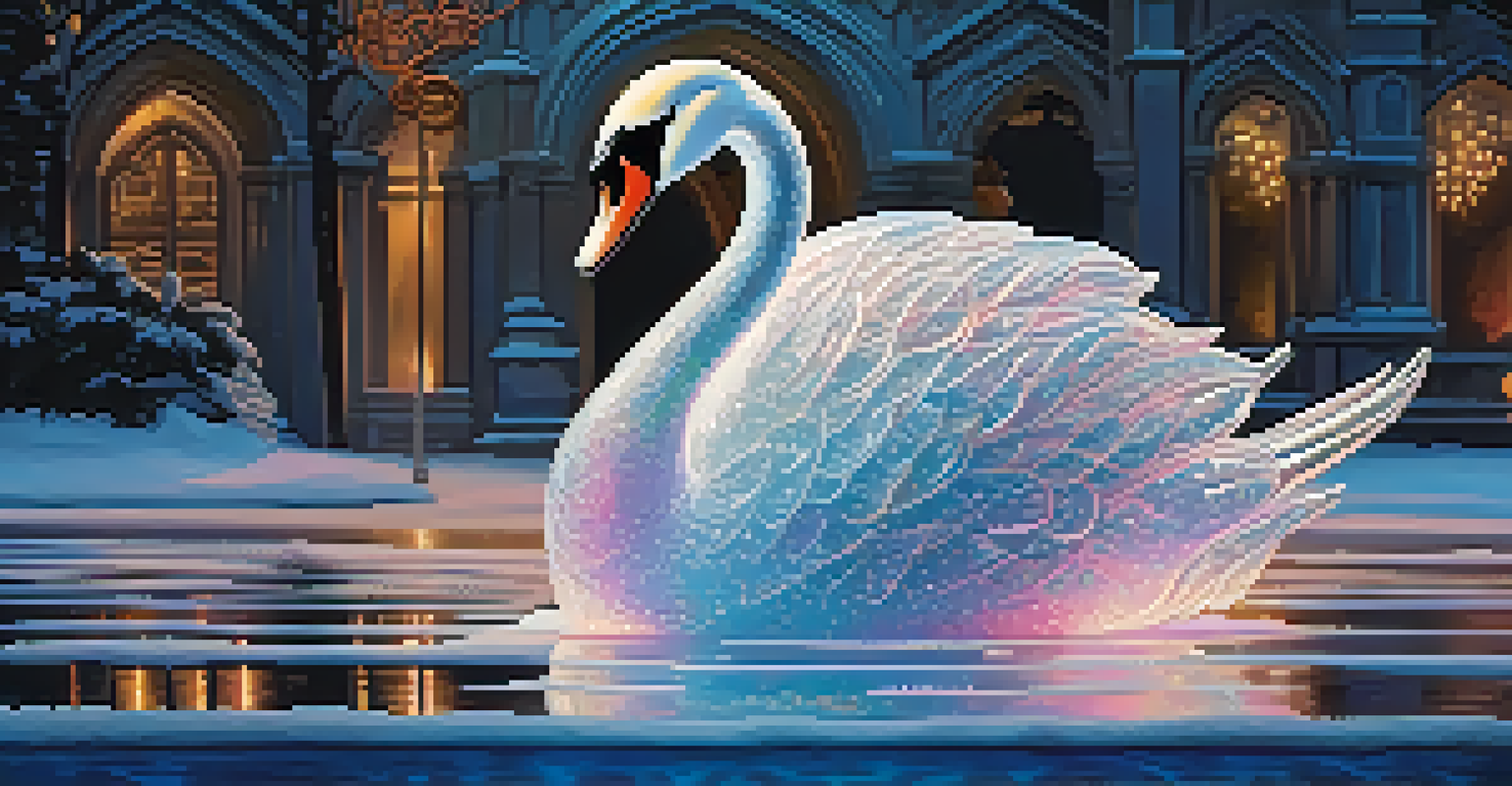 A beautifully carved ice swan sculpture illuminated by colorful lights at an outdoor event, showcasing intricate details.